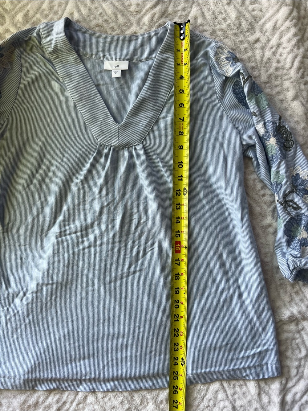 J. Jill Embroidered Floral Top Medium Blue Stripe 100% Cotton V-Neck Boho - Picture 5 of 8